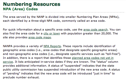 "Numbering plan area"? Who knew??