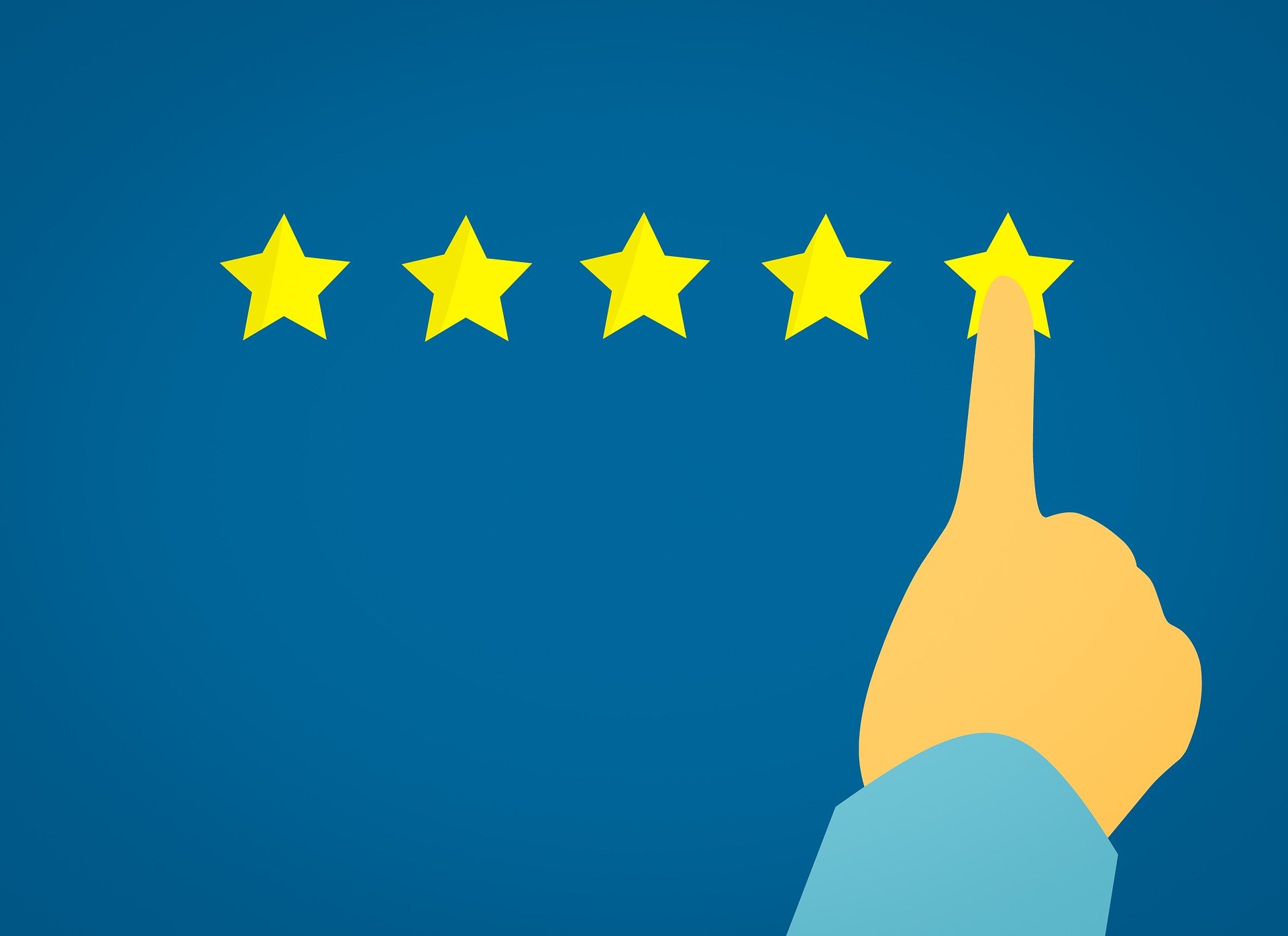A finger points at the fifth star on a five star rating scale