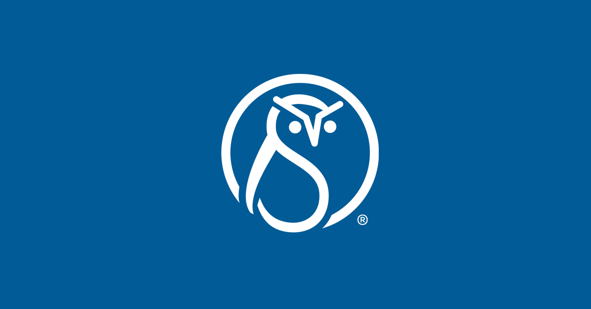 white Scriptorium owl on a blue background