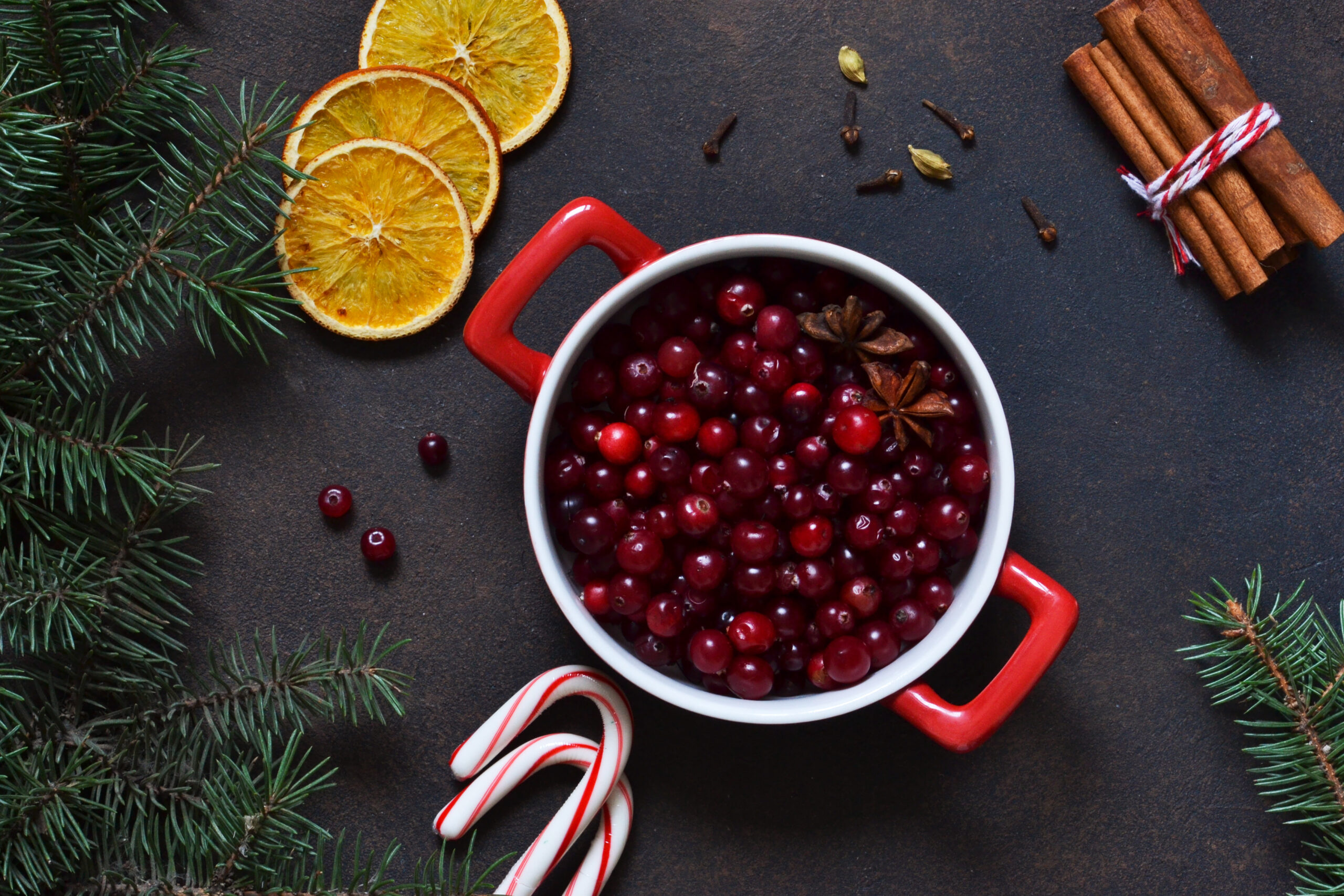 Winter cranberry dish on a dark background with orange slices, spices, and other holiday decor surrounding it.