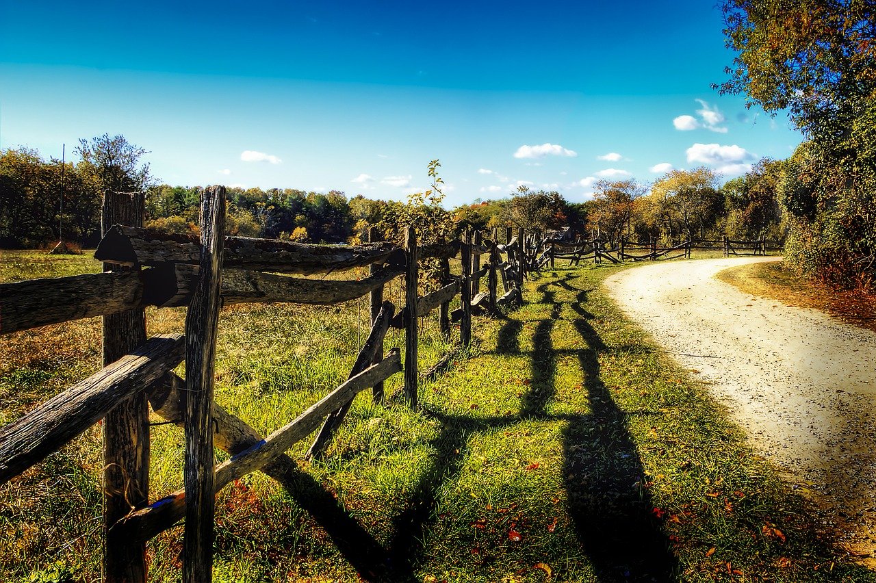 A dirt road winding along a wooden fence