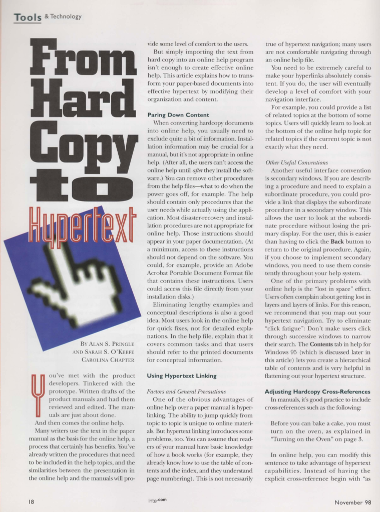photo of an article called From Hard copy to hypertext by Alan Pringle and Sarah O'Keefe