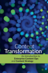 book cover of Content Transformation with blue and green dots swirled together