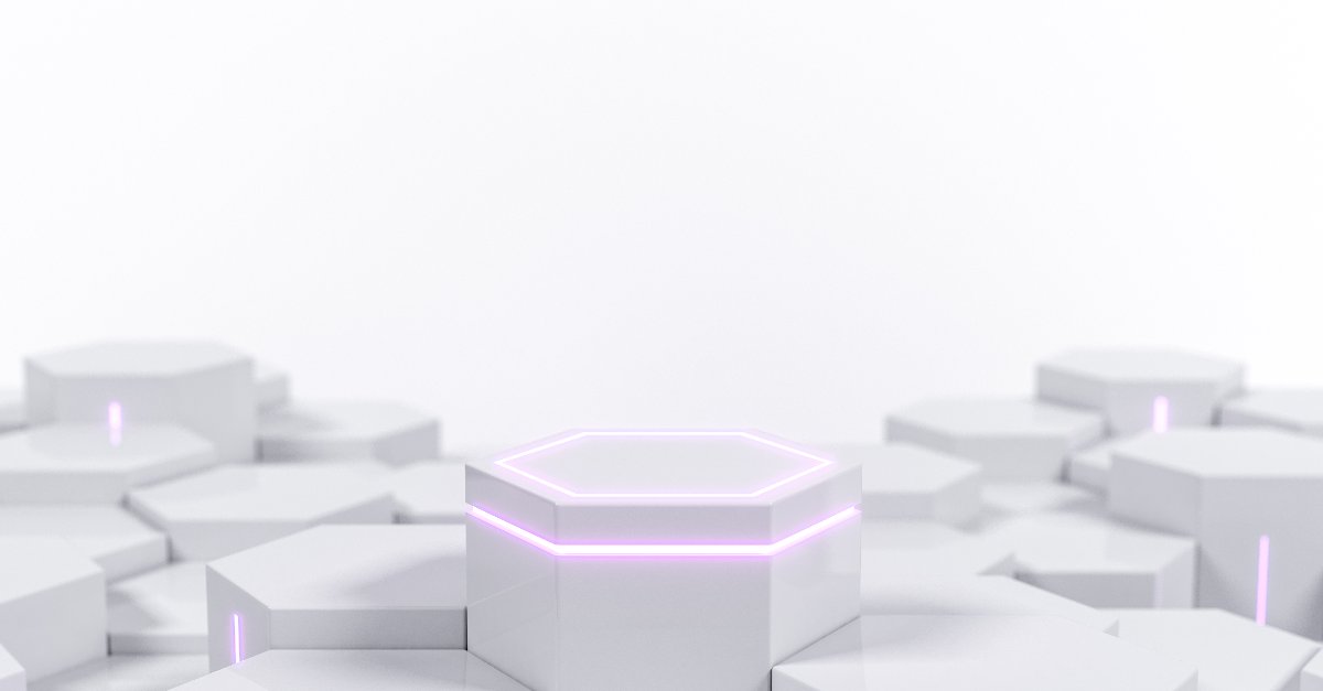 Futuristic white hexagonal sci-fi pedestal with purple neon light for display product showcase, 3d rendering
