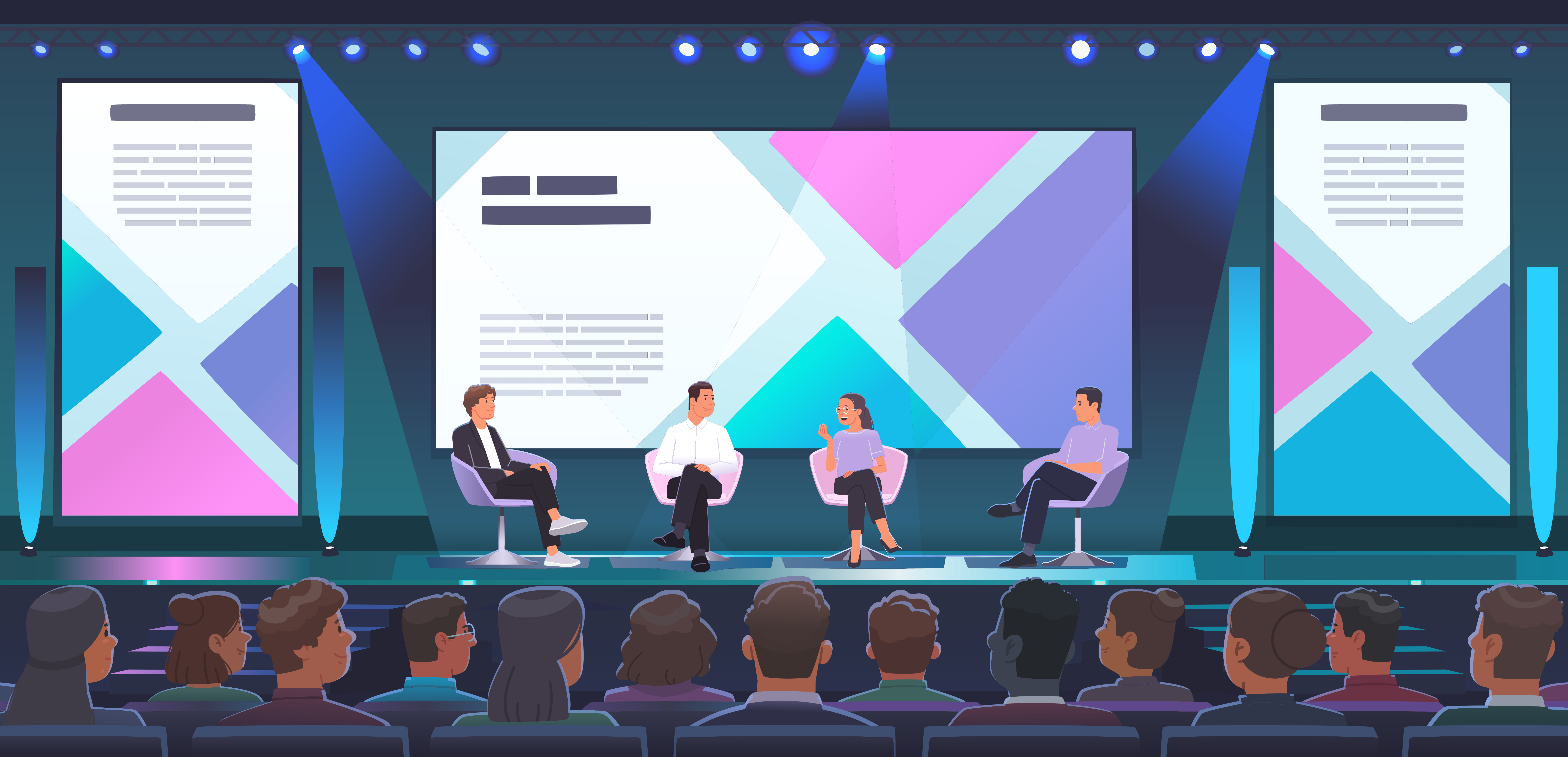 stylized graphic of four seated panelists in discussion at a conference with a large audience.