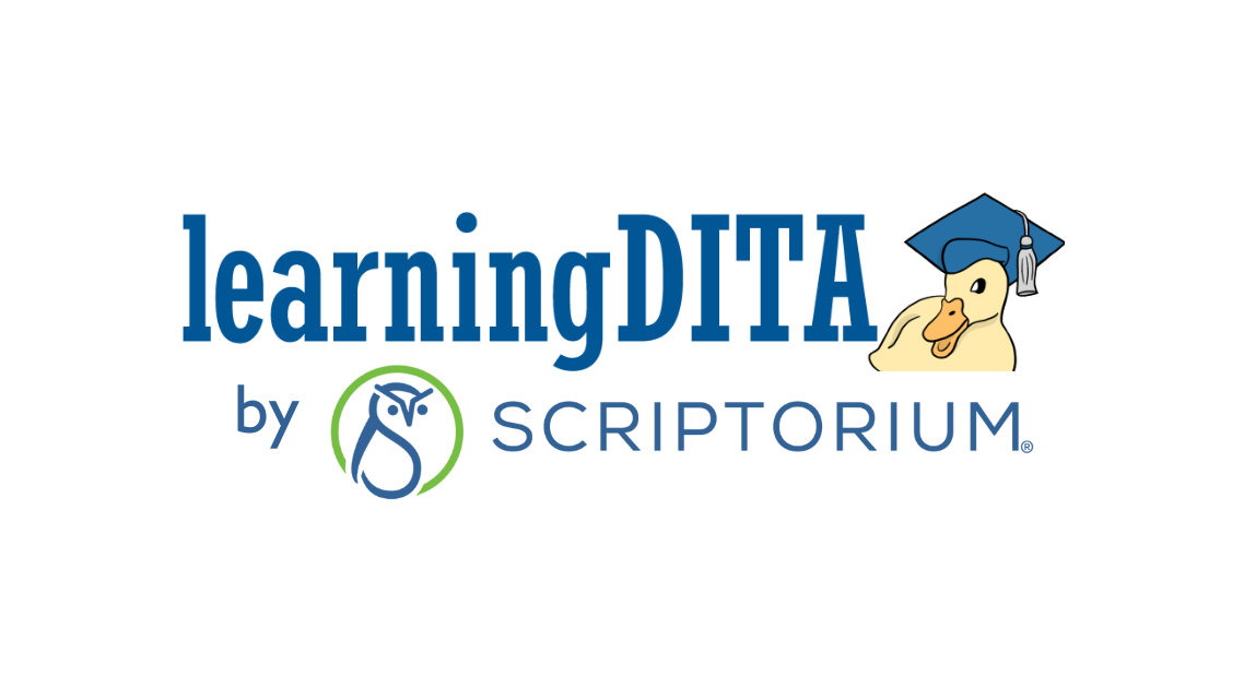 Logo with blue text "LearningDITA" with a yellow duck in a graduation cap and the words, "by Scriptorium" underneath with a blue and green owl logo with a stylized "S" for the body.