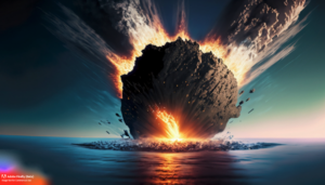 AI generated image of a large, round meteor crashing into the ocean.