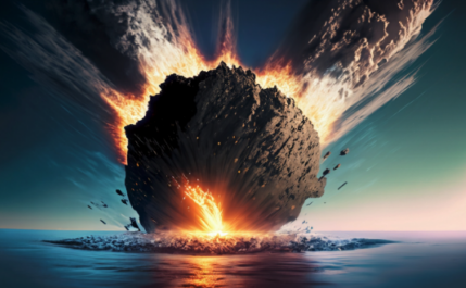 AI generated image of a large, round meteor crashing into the ocean.