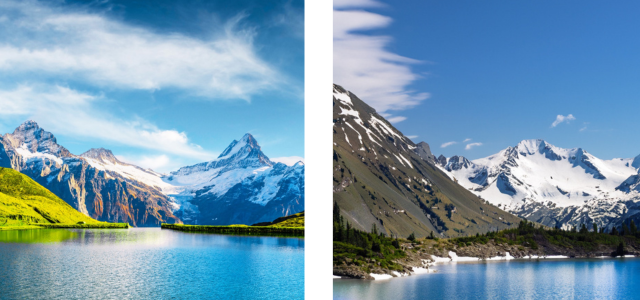 Two images of a mountain range along a body of water - one is AI generated, and one is a stock photo. Both look very similar and realistic.