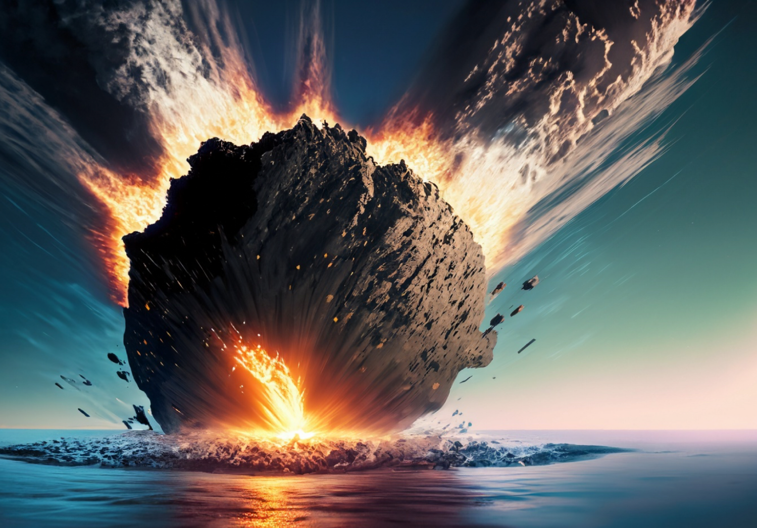 AI generated image of a large, round meteor crashing into the ocean. Small red icon of Adobe firefly in the bottom left corner