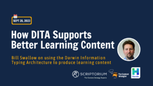 Blue webinar cover with white text saying. "How DITA supports better learning content," subtitle: "Bill Swallow on using the Darwin Information Typing Architecture to produce learning content." 