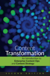 Blue and green dotted swirling pattern with the words "Content Transformation" and then a green bar with the text: "An Introduction to Enterprise Content Ops and Content Strategy."