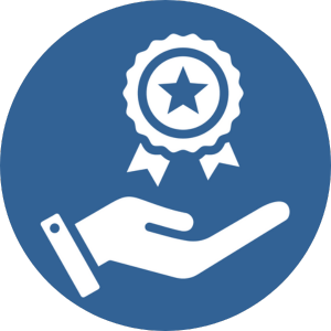 white icon of a hand with a prize ribbon floating above on a blue background