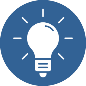 White icon of a lightbulb with straight lines coming out of it to symbolize light. Icon is on a blue background.
