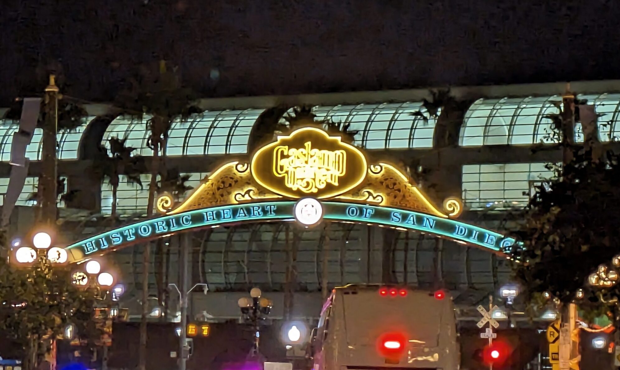 Picture of GasLamp district sign in San Diego lit up at night.