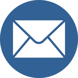 white icon of an envelope on a blue circle background, symbolizing an email. 
