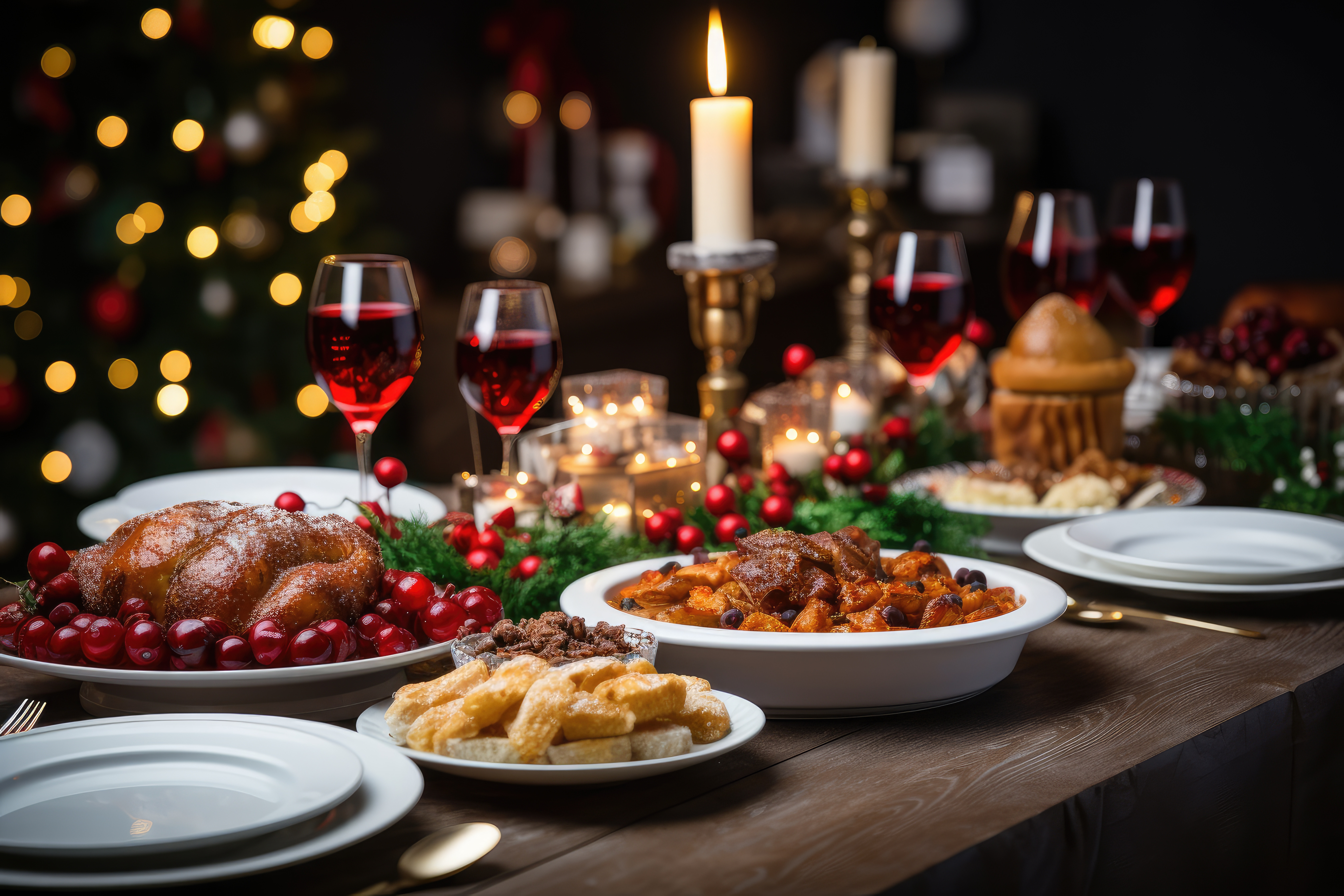 AI-generated image (by 123rf.com) of a holiday dining table with a variety of holiday decor, food, and lit candles on a large table. There is a blurred Christmas tree in the background.