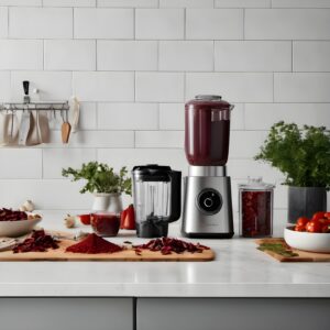 AI-generated image (by 123rf.com) of a blender in a modern kitchen with red chile in the blender, powered red chile on the counter, and other red chile sauce ingredients around. 