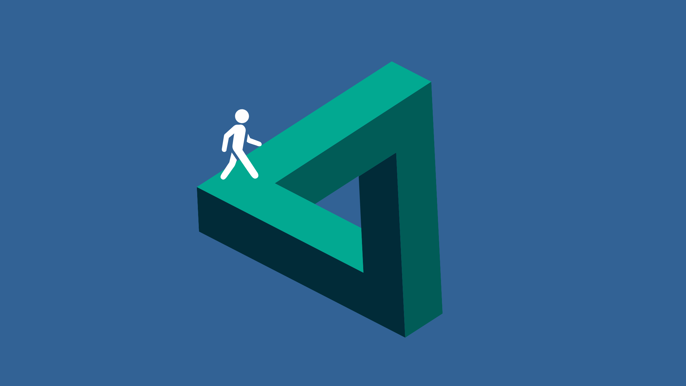 Paradox triangle with a different shade of green on each side with a white icon of a person walking on top. Image is on a blue background.