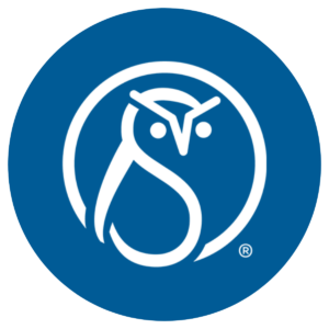 Blue circle photo with a white circular owl logo in the middle and a trademark symbol in the lower righthand corner.