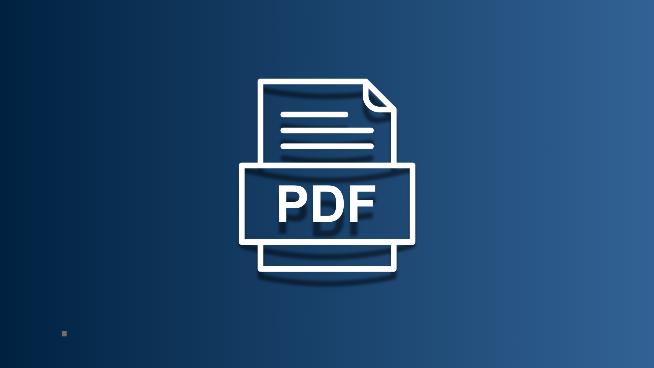 A minimalist illustration of a white outlined document icon with a folded corner on a blue gradient background. The document contains three horizontal lines representing text. Across the center of the document, a bold rectangular band displays the word "PDF" in large white capital letters. The design casts a subtle shadow, giving the icon a slight 3D effect.