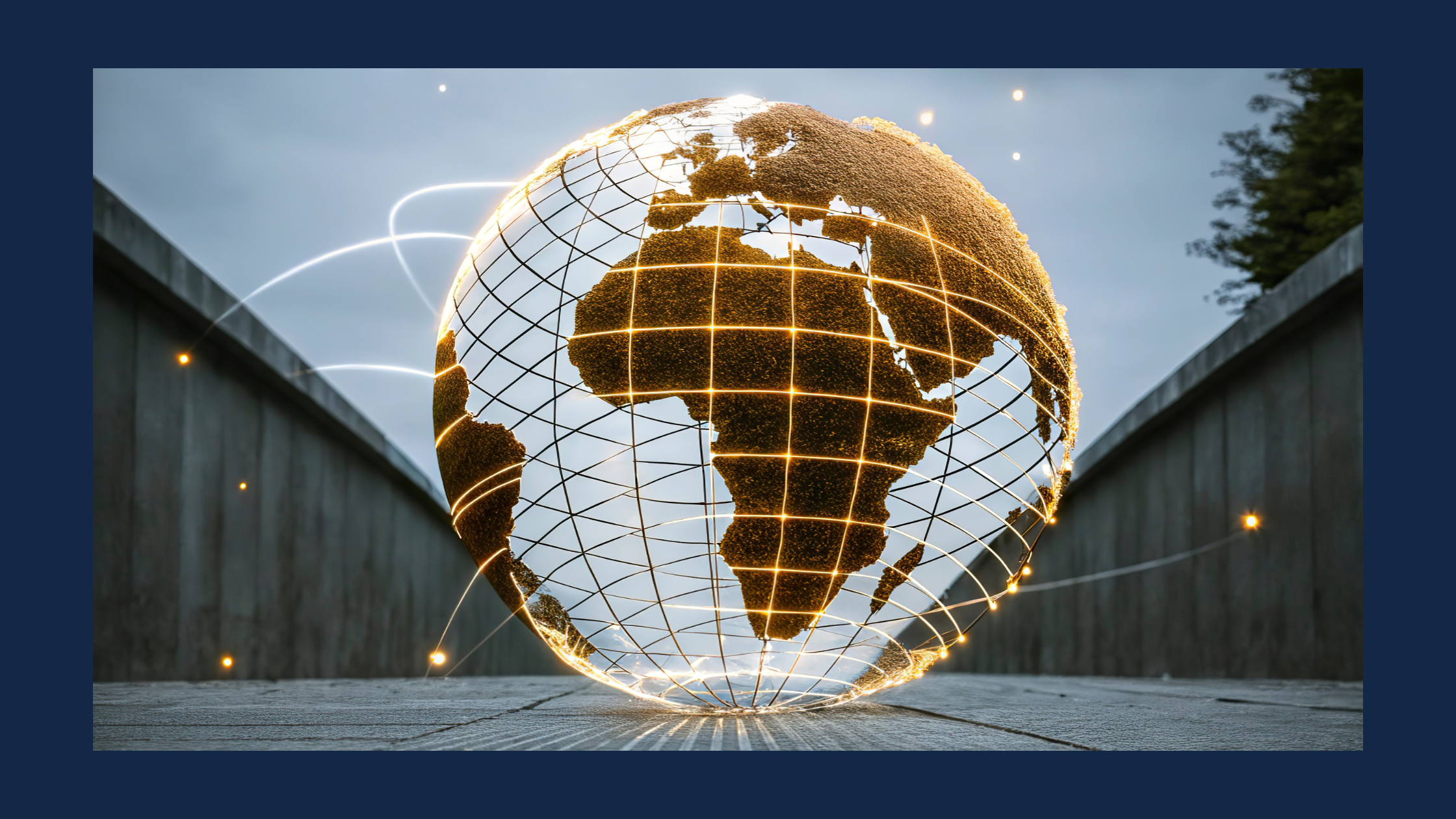 The image shows a digitally rendered, glowing wireframe globe positioned on a paved pathway between two tall concrete walls. The globe is illuminated with golden light outlining the continents and longitude-latitude lines, focusing on Africa and parts of Europe and the Middle East. Light trails and glowing particles surround the globe, symbolizing content localization and global connectivity. The sky is overcast, and some trees are faintly visible in the background beyond the wall.