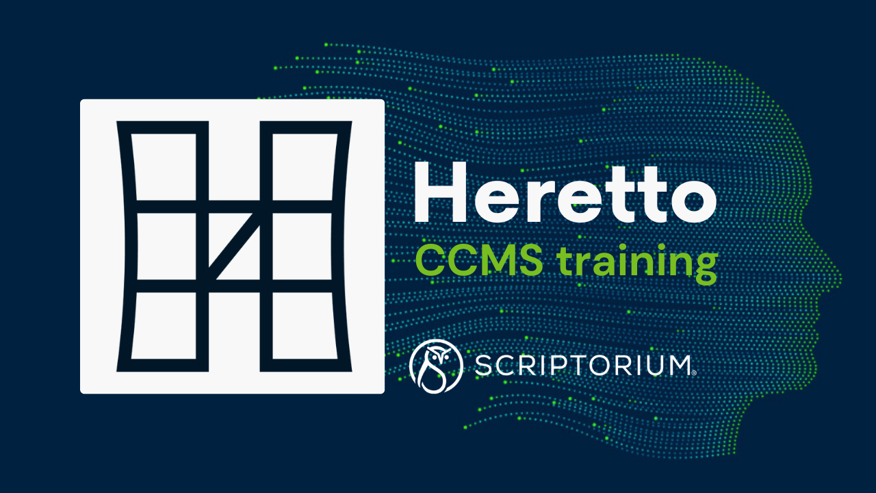 "Heretto CCMS training" promotional image featuring a stylized Heretto logo on the left—a black grid with a diagonal line segment in one panel, set on a white square background. To the right, the text “Heretto” in white and “CCMS training” in bright green appears against a dark blue background. A dotted digital profile of a human head made up of green and blue dots flows behind the text. At the bottom, the Scriptorium logo and name are displayed in white.