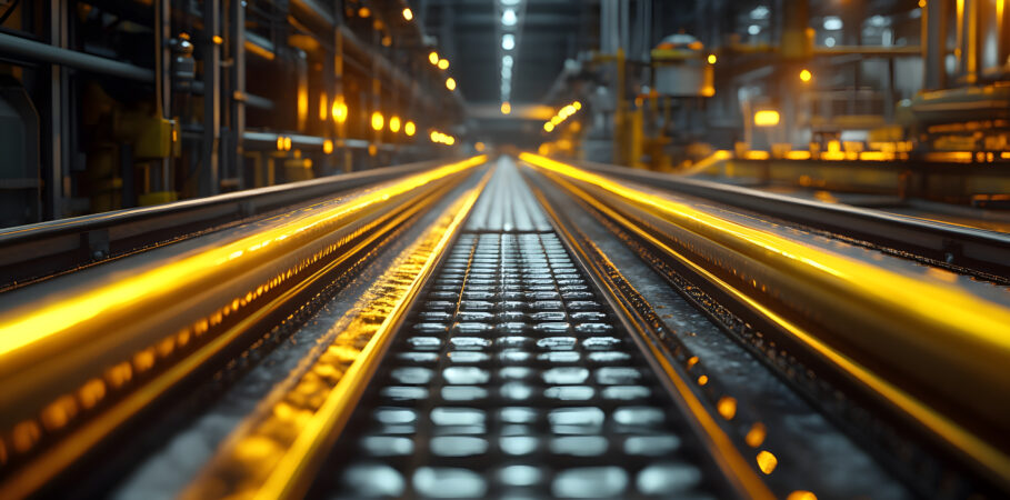 Close-up view down a brightly lit industrial production line with glowing yellow rails and metallic surfaces, illuminated by warm lights in a modern factory setting.