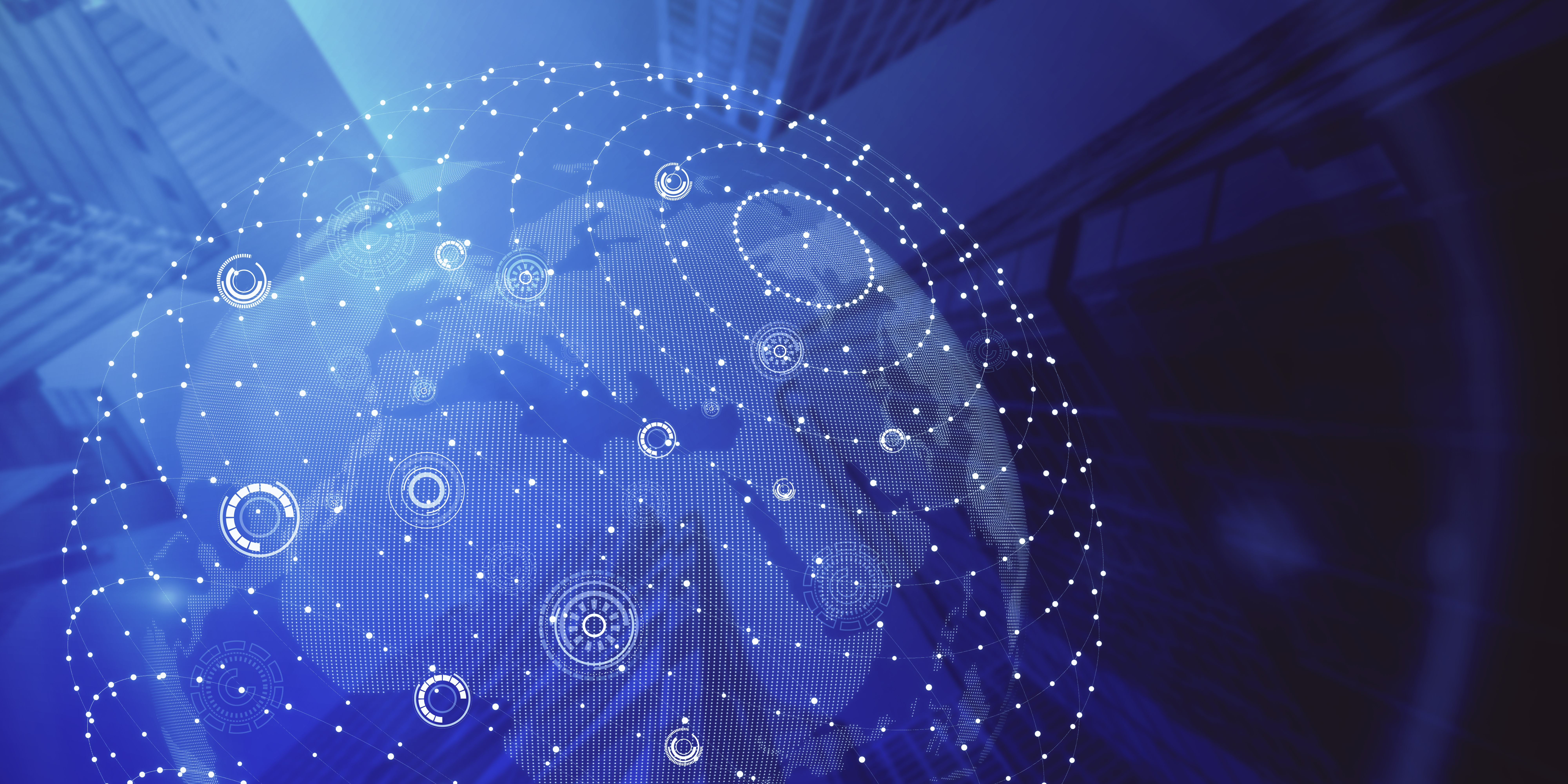 Abstract blue-toned digital illustration of a globe with continents visible, overlaid with white dotted lines, circular nodes, and network connections, symbolizing globalization, futureproofing content operations, and advanced technology against a blurred urban background.