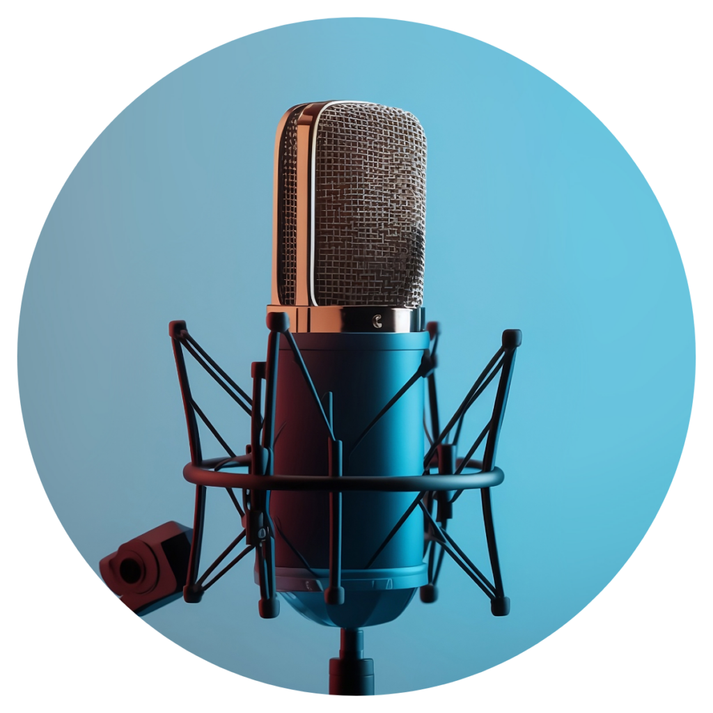 Studio condenser microphone mounted on a shock mount inside a circular frame, illuminated with blue and subtle warm lighting.